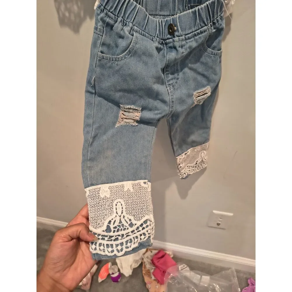Baby Girl's Stylish Set, Lace Ruffle Romper & Flared Denim Jeans & Headband 3Pcs